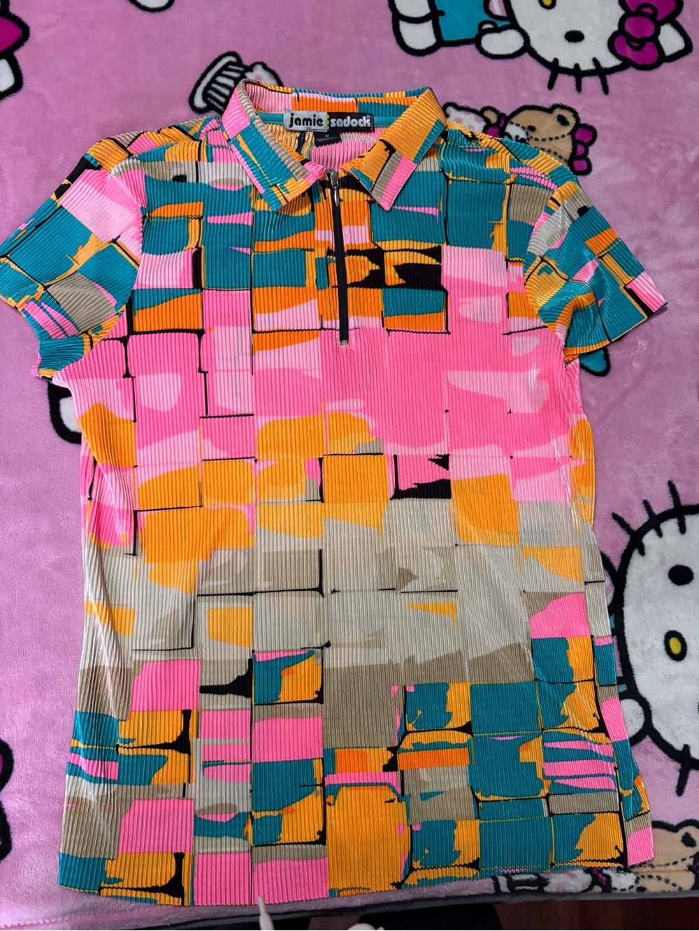 Jamie Sadock Pink Teal Yellow Geometric Zip Polo